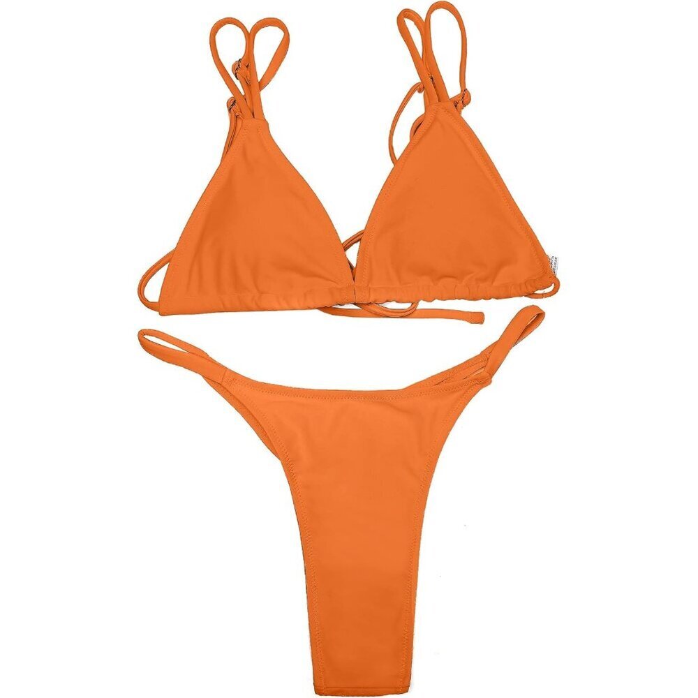 Women's Orange Gold Bikini Set Adjustable TREADS Thong Bottom Beachwear - Picture 6 of 7